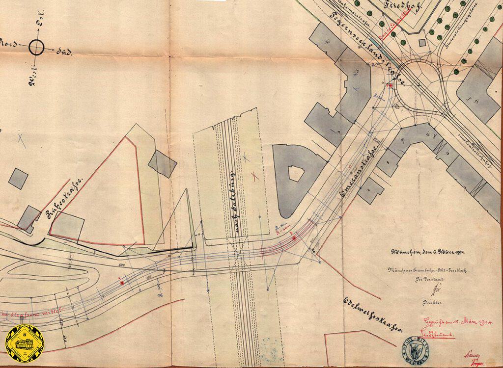 Die Streckenplanung der Trambahn über den Nockherberg im Gleisplan von 1904.