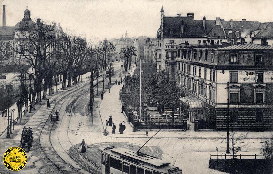 Elektrischer Betrieb über die Nymphenburgerstraße über den Rotkreuzplatz im Jahr 1908.