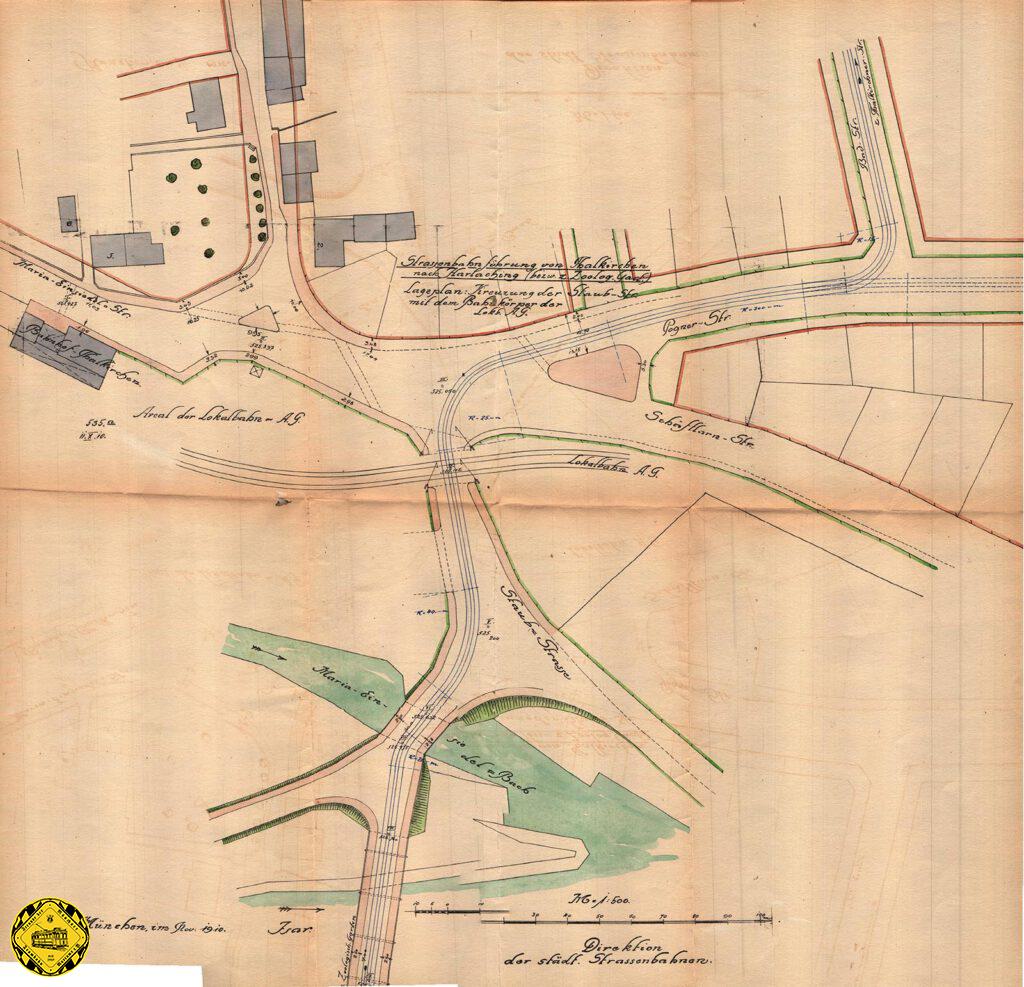Solche seltenen Pläne von nie verwirklichten Planungen sieht man nur bei uns: die Trambahn über die Pognerstraße kreuzt die Isartalbahn und führt zur Thalkirchner Brücke. Schon 1898 kamen solche Pläne auf mit einer Verbindung rechts der Isar zum Candidplatz. beinahe wäre die Thalkirchner Brücke eine Trambahnbrücke geworden.