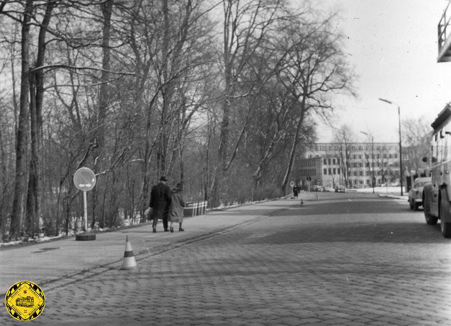 m Herbst 1962 in der Lechenfeldstraße, Blickrichtung Norden: links der Englische Garten und rechts spitzt schon der Turmwagen der Verkehrsbetriebe rein, die ersten Halteverbotsschilder stehen für die Gleis-Baustelle da.