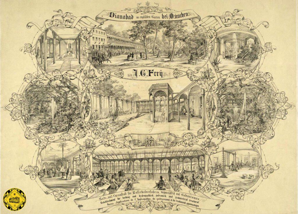 Das Diana-Bad war eines der größten Bäder Münchens. Bei Münchens Kreisrat Joseph Anton Detouches ist die Lagebeschreibung des Dianabadhauses in der Auenlandschaft im Nordosten Münchens, südlich des Monopteros, nachzulesen . Am I. Mai 1864 empfiehlt der Inhaber des Dianabades Franz Xaver Spirk, sein Haus
im damals modernen Sinne eines Kurbades. Gleich einer Branchenliste sind bereits die chemischen Wasserbestandteile von Salz und Magnesium festgestellt und dokumentieren das Vorkommen natürlicher Qellen an Ort und Stelle.