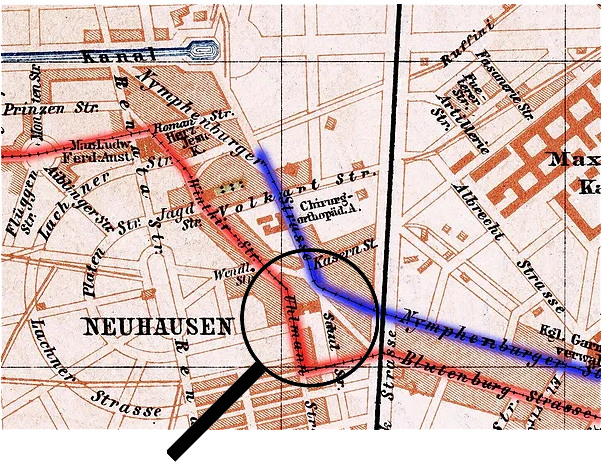 Wie im Stadtplan von 1896 zu sehen, verfügt jetzt Neuhausen und der Rotkreuzplatz sowohl über eine Pferdebahn-Verbindung (blau) und eine Dampftrambahn-Verbindung (rot).