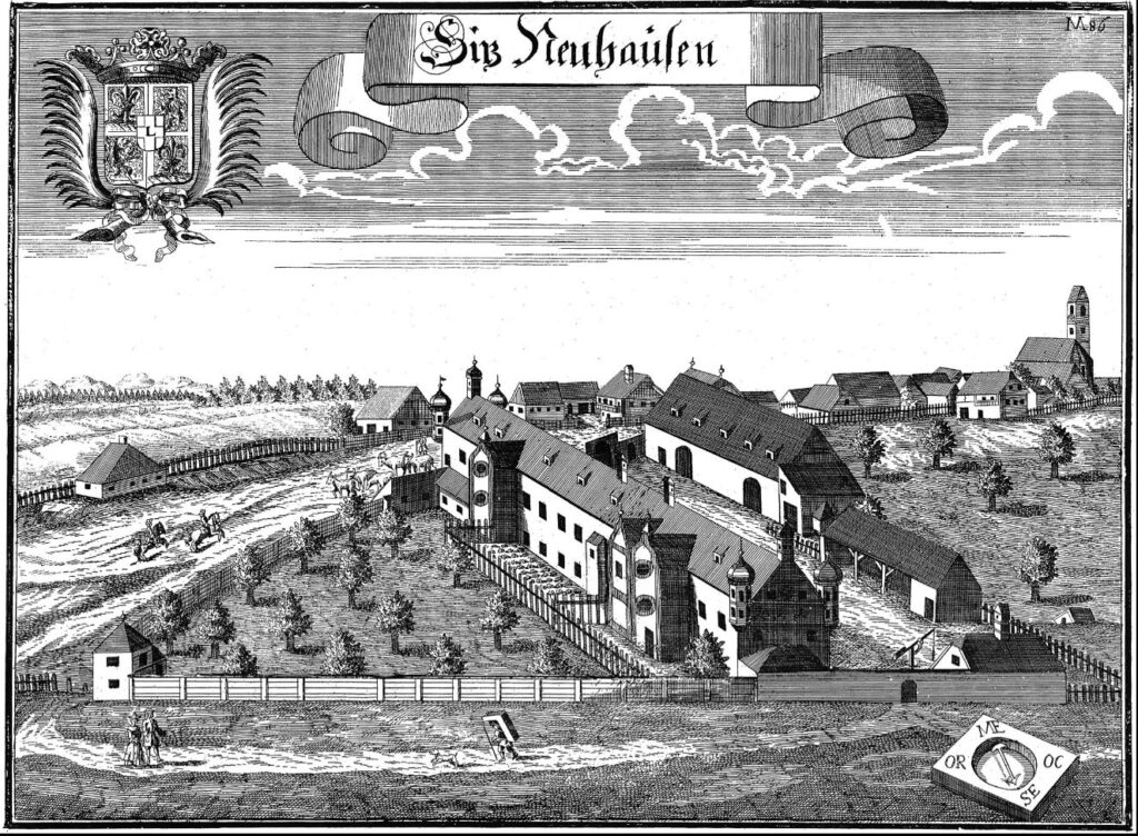 Nochmal 100 Jahre älter ist das Bild des Jagdschlössl aus dem Jahr 1696, als das Schloss Nymphenburg noch nicht ausgebaut war. Im Hintergrund sieht man das Dorf Neuhausen. Links wo die beiden Pferde springen wird 200 Jahre später der Rotkreuzplatz sein.