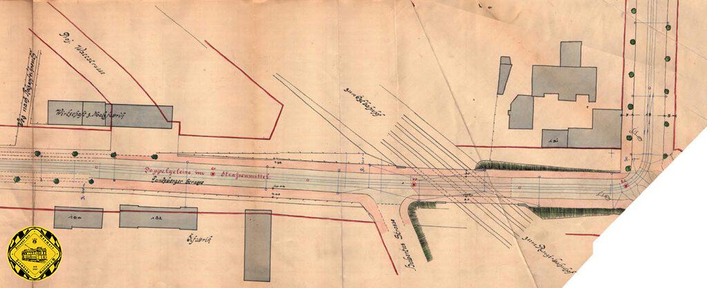 Im September 1908 kommt es zu einem heftigen Disput zwischen der Trambahngesellschaft und der königlich bayerischen Staatsbahn wegen der geplanten Benutzung der Landesbergerstraßen-Brücke über die 4-gleisige Staatsbahnstrecke durch die Trambahn. Die Staatsbahn sorgt sich um die Statik des Bauwerks und vor allem darum, dass man sie nicht vorher gefragt hat.