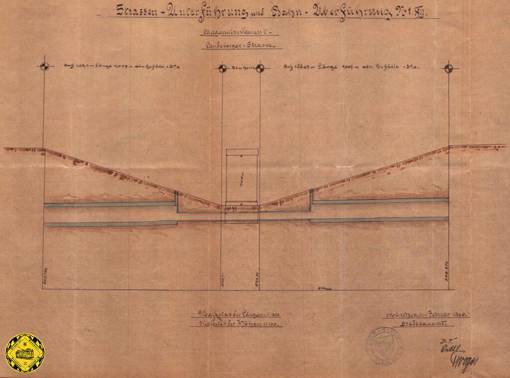 Dieser Plan von 1906 aus der Zeit der Planung der Pasinger Strecke dokumentiert die Möglichkeit, mit elektrischen Triebwagen mit Oberleitung die Unterführung an der Landsbergerstraße passieren zu können.