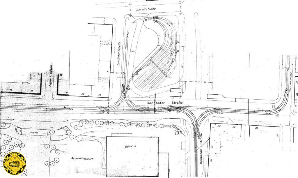 Die Schleife an der Ganghoferstraße / Ridlerstraße wird 1965 zur 1, Weltausstellung des Verkehrs in München nach größeren Umbauten mit der Inbetriebnahme der neuen Messeschleife / Heimeranschleife ersetzt. 