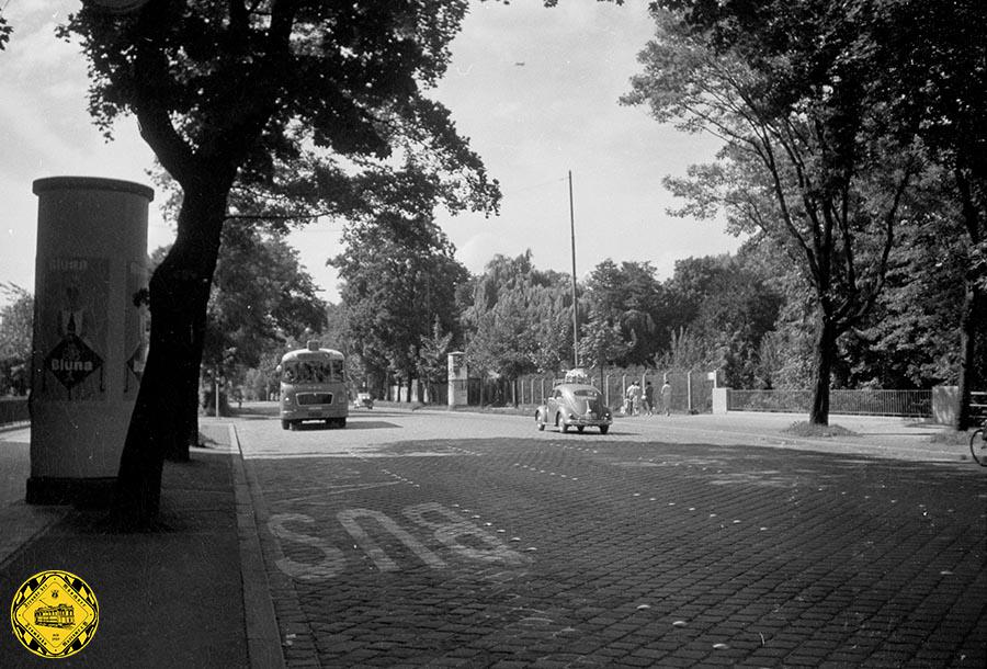 Wir schauen 1960 in die Tivolistraße. Ein Bus der Linie 54 kommt aus dem Englischen Garten über die alte Tivoli-Brücke des Eisbachs Richtung Osten. Ab 1963 fährt auch die Trambahn über diese Brücke und biegt danach links in die Theodorparkstraße ein. 