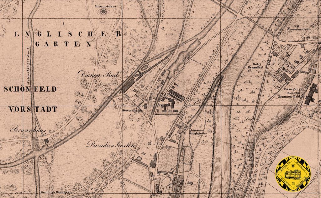 Wie so oft geht die Geschichte aber noch viel früher los. Anfang des 19. Jahrhunderts finden wir im Stadtplan von München am östlichen Rand des Englischen Gartens das Diana-Bad, eine Kupferfabrik und den Paradiesgarten sowie das Gasthaus "Himmelreich".