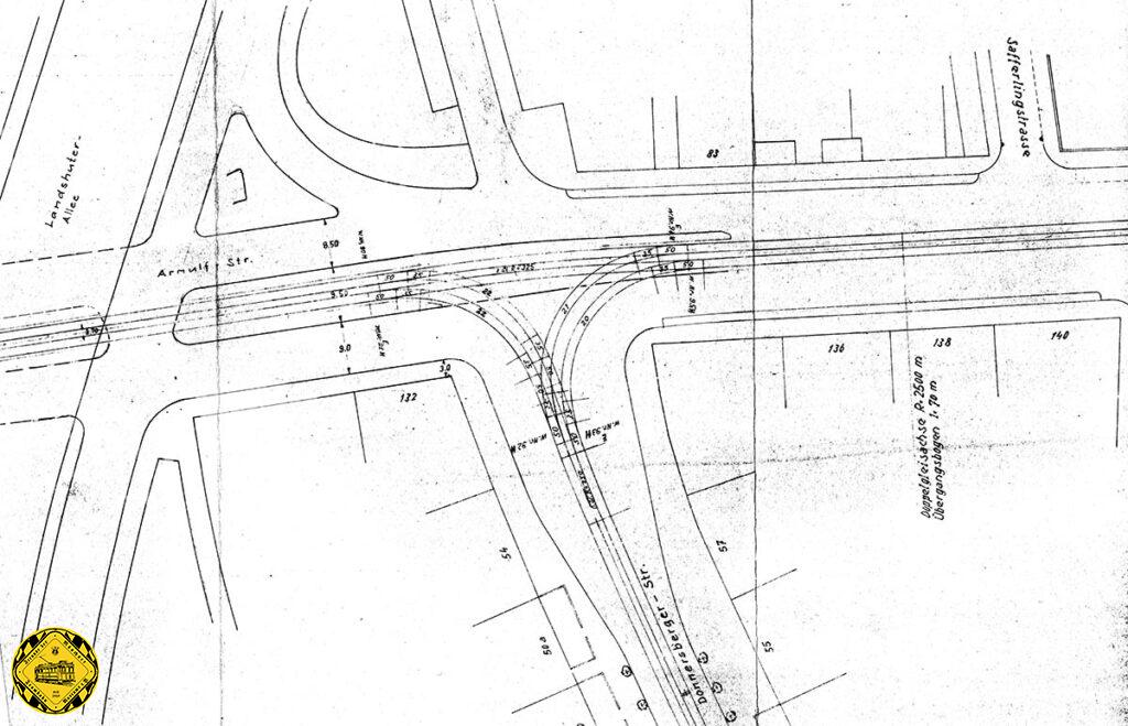 Nachdem man noch 1966 die Gleise der kompletten Donnersbergerstraße vom Rotkreuzplatz bis Arnulfstraße erneuert hat, kam am 1.3.1970 das Aus für die Strecken Leonrodstraße zwischen Rotkreuzplatz und Landshuter Alleesowie der Donnersbergerstraße mit der Einstellung der Linie 22 und sie wurden stillgelegt für Linienverkehr. Durch den Wegfall der Streckenführung über die Donnersbergerbrücke, die nun für den Mittleren Ring komplett neu & trambahnfrei gebaut wurde, musste die Einmündung der Donnersbergerstraße in die Arnulfstraße als Gleisdreieck gebaut werden.