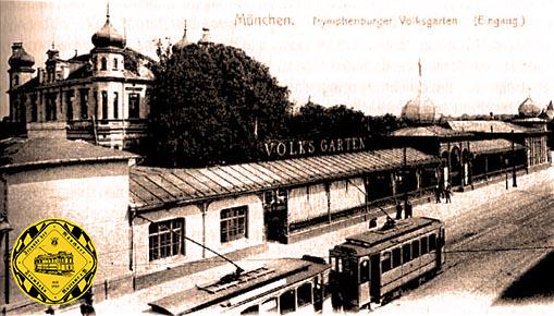 Elektrischer Betrieb an der Endhaltestelle am Volksgarten 1908. Der Volksgarten, der größte Vergnügungspark Europas zu dieser Zeit, ging 1914 insolvent und verschwand.