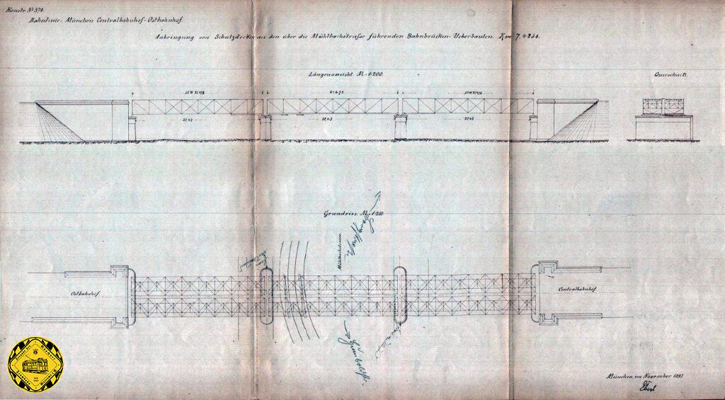 Da haben wir mal wieder einen seltenen alten Plan aus dem Archiv gezogen: die Brücke über den Mühlbach bei ihrer Erweiterung zur Nutzung auch als Brücke über die Straße und schon mit der Trambahn eingezeichnet. Bei dieser Zeichnung ging es um die Anbringung von Schutzbrettern zwischen der Oberleitung und der Stahlbrücke.