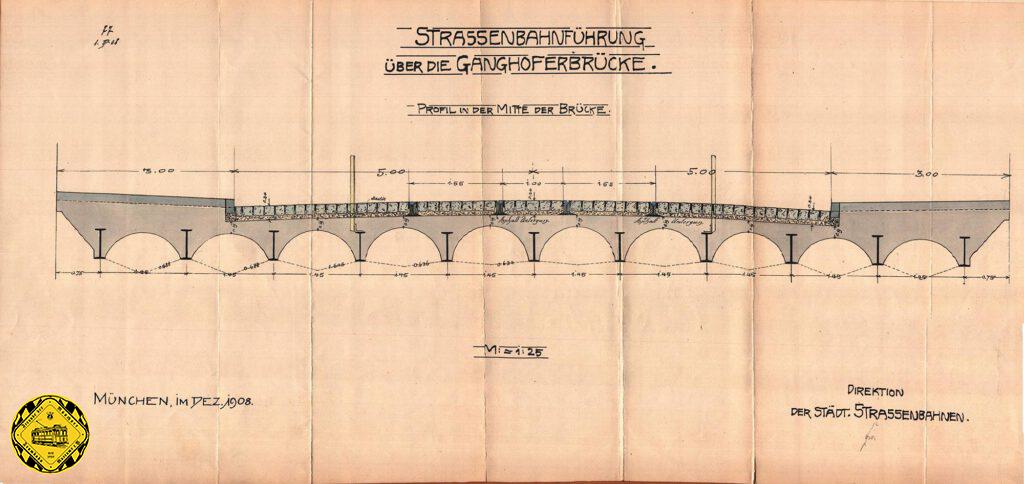 Als dann im Jahr 1908 im Dezember die Trambahnbetriebe eine neue Ringstrecke über die Brücke planten, wurde eine Verbreiterung durch das Stadtbauamt veranlasst. In der Zeichnung liegen auch schon Schienen in der Brückenmitte. Doch wie sooft, die Trambahn wurde hier vorerst nicht gebaut, weil Geld fehlte und der 1.Weltkrieg machte einen Bau gänzlich undenkbar.
