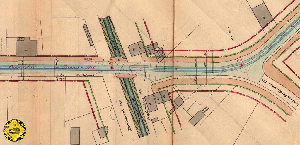 Auch in Nymphenburg muss die Trambahn den Nymphenburg-Biedersteiner Kanal überqueren. Das macht sie seit 1914 ein paar hundert Meter nördlich der Ludwig-Ferdinand-Brücke mit dem gezeigten Bauwerk. Der Plan ist aus dem Jahr 1914, somit sind die Straßennamen noch nicht mit den heutigen Bezeichnungen deckungsgleich.