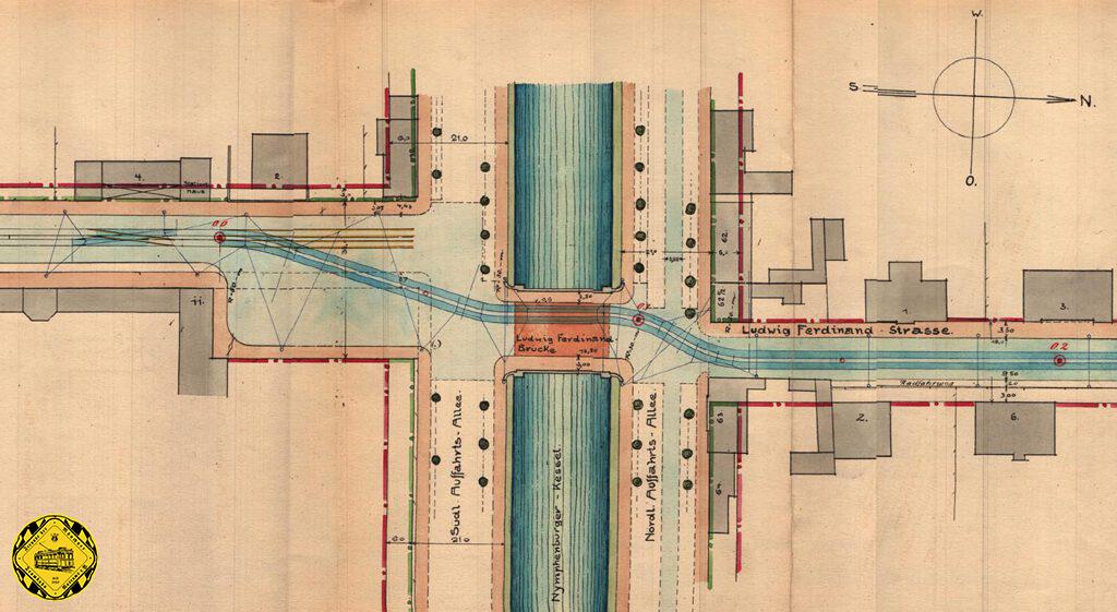 In unserem Plan vom 3.Juni 1914 ist Westen oben, also links geht es zum Romanplatz, rechts zur Amalienburgstraße. Durch das Verschwinden des Volksgartens war am Ende der Nothburgastraße auch die Fläche für eine Schleife freigelassen worden und wurde auch schon geplant, aber die Weiterführung erschien den Planern dann doch sinnvoller.