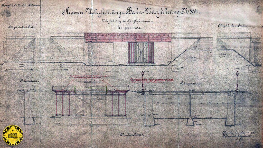 In dieser Zeichnung sieht man nun die Brückenteile rot eingezeichnet, die man 1892 noch eingespart hatte, und 1919 nun doch gebaut wurden. 

Letztlich wurde es ein ähnliche Konstruktion, die die Fahrbahnbreite der Brücke nicht wesentlich erweiterte, aber für die Trambahn nutzbar war.
