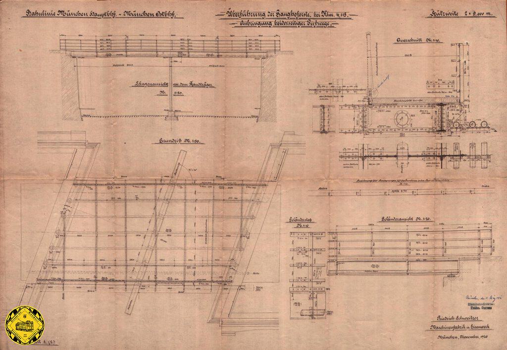 In dieser Zeichnung sieht man nun die Brückenteile rot eingezeichnet, die man 1892 noch eingespart hatte, und 1919 nun doch gebaut wurden.