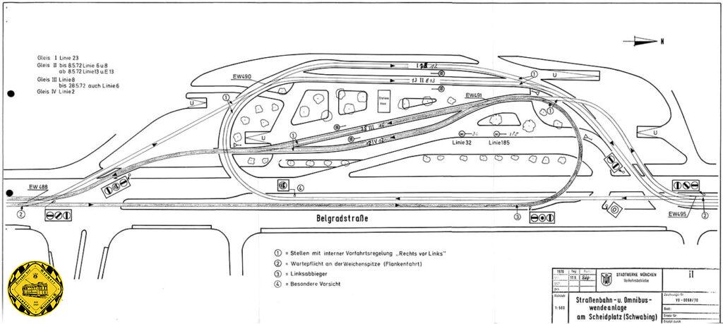 Schöne neue Welt am Scheidplatz: Der geplante Betriebsablauf auf dem neuen Scheidplatz mit der U-Bahn drunter und für Trambahn und Bus auf der neu gestalteten Oberfläche von 1972: Die Gleisanlage ist so ausgeführt, dass es praktisch keinen durchgehenden Verkehr mehr gibt. Z