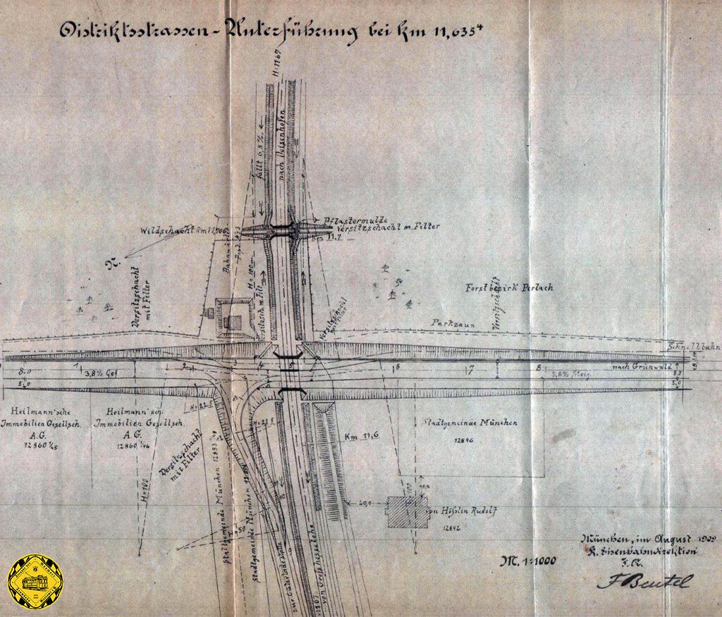 Letztlich wird es dann doch die anfangs angedachte einfach Unterführung mit einem abgetrennten Teil für die Schienen der Trambahnstrecke. Der Eisenbahndirektion war durchaus an dieser Brücke gelegen, denn die Strecke nach Deisenhofen wurde 2-gleisig ausgebaut und ein kreuzungsfreier Bahnbetrieb war auch im Sinne der bahn. Der Magistrat hat 25% der Kosten für die Unterführung zugeschossen als Anteil für die Nutzung der Trambahn.