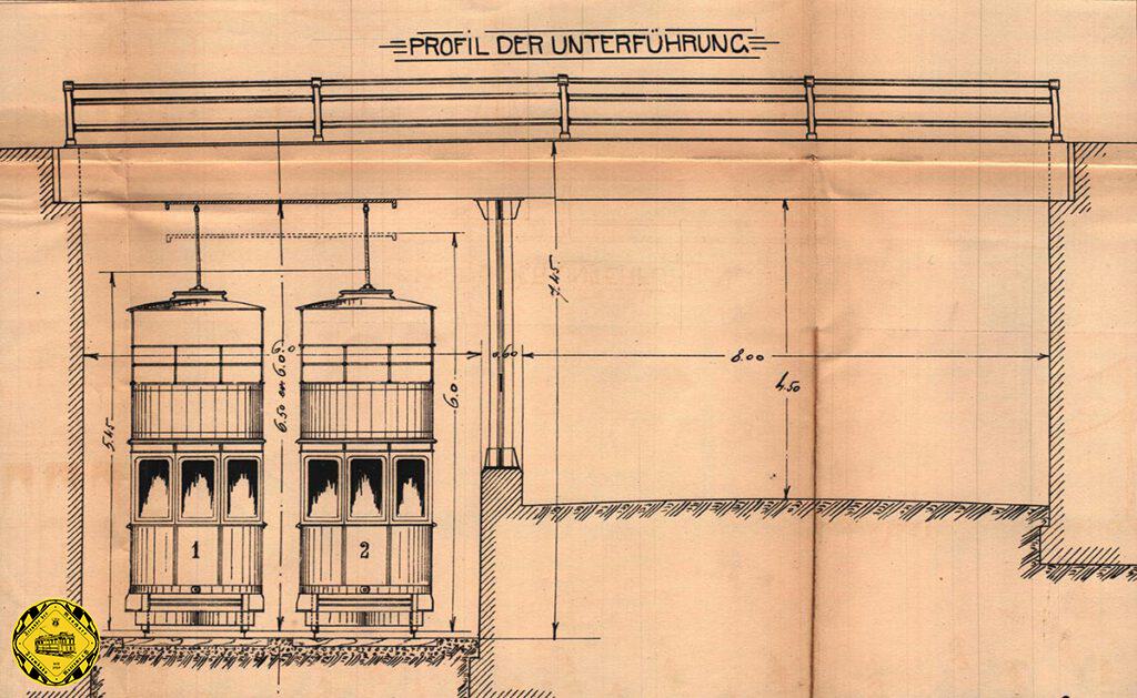 Dass der Verkehr an Ausflugstagen heftig werden würde, war klar. Damals operierte man erst kurz mit Anhängewagen und so kam der Gedanke auf, der im obenstehenden Schreiben zitiert wird, Trambahnwagen mit Oberdeck zu konstruieren. Diese allerdings benötigen einen größere lichte Höhe. Da kommen Erinnerungen an den Imperialwagen mit 2 Decks auf: 1877 angeschafft als Einzelexemplar wurde nach Unterlagen aus dem Rechnungsjahr 1903/04 der Imperialwagen abgeschrieben und verschrottet. Steht hier die Wiedergeburt eines diesmal elektrisch betriebenen Doppelstockwagens für die Münchner Trambahn an? Diese Zeichnung aus dem Archiv ist die einzige zu diesem Thema, in Dokumenten dieser Zeit oft erwähnt, aber wohl nie weiter verfolgt. Diesen Zeichnung zeigt genau, wie man sich die Unterfahrt der Bahn an dieser Stelle der Grünwalderstraße vorstellte. Anfang 1909 begann die Eisenbahndirektion, die Rampen für die neue Unterführung auszuheben und erfragte nun die gewünschte lichte Höhe für die Trambahn, weil davon auch die Steigung und die Rampenlänge abhängig war. 