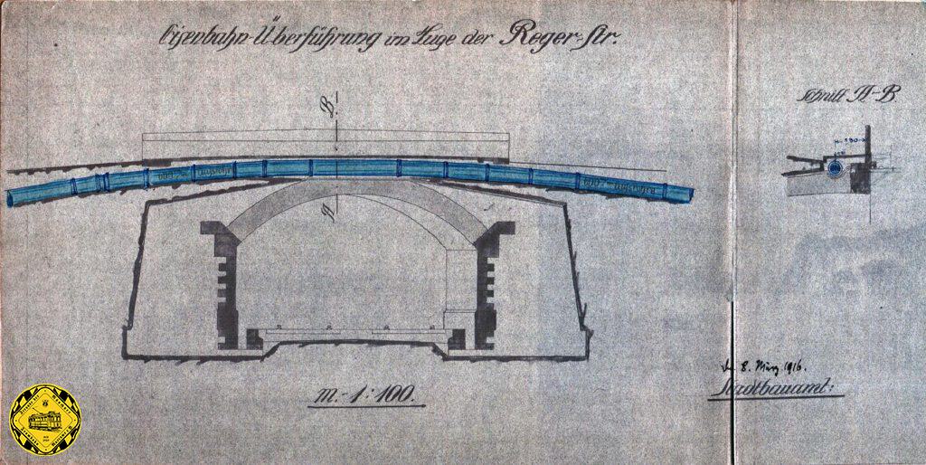 Es ist schon erstaunlich, die Zeichnung der Regerbrücke mit dem Gussrohr der Münchner Wasserversorgung mit 60cm Durchmesser aus dem Jahr 1916 und die heutige Brücke an der Regerstraße: die Zeit scheint stehengeblieben zu sein.