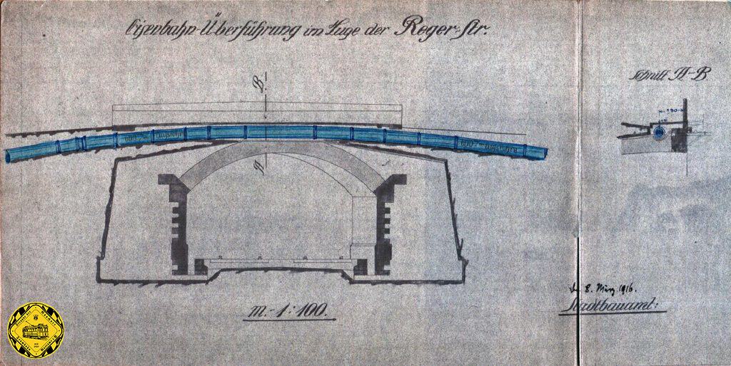 Es ist schon erstaunlich, die Zeichnung der Regerbrücke mit dem Gussrohr der Münchner Wasserversorgung mit 60cm Durchmesser aus dem Jahr 1916 und die heutige Brücke an der Regerstraße: die Zeit scheint stehengeblieben zu sein. 