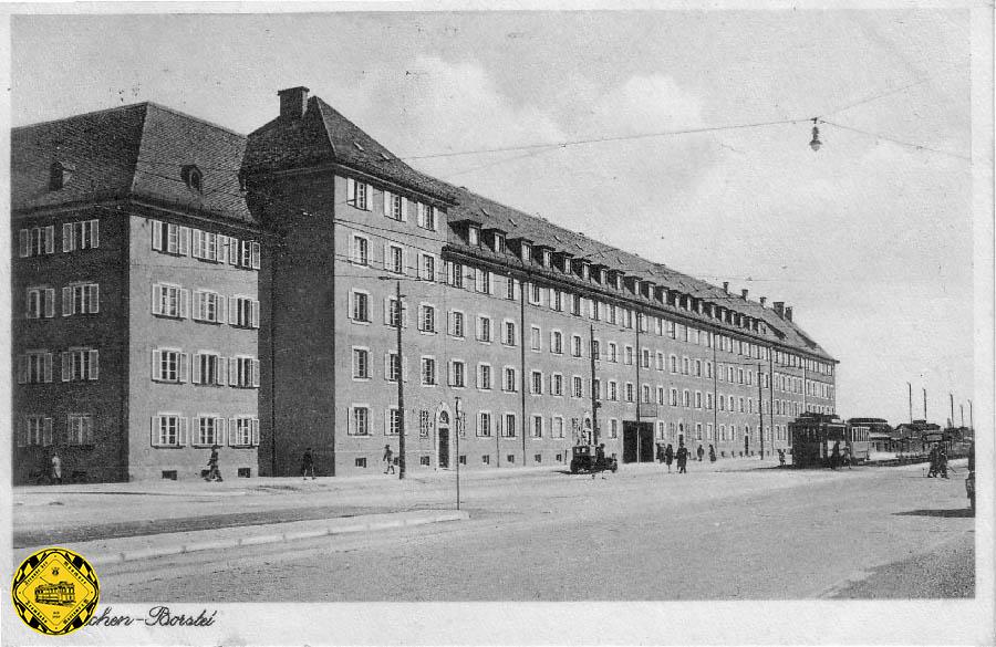 Eine zeitgenössische Postkarte von der Borstei zeigt die Trambahn in der Dachauerstraße.