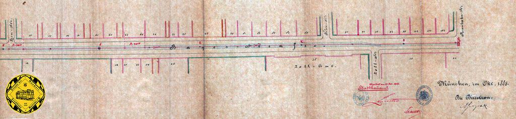Ab dem 06.10.1877 fährt nun die Linie 3 der Pferdebahn von Schwabing kommend zuerst von der Kreuzung Nikolaistraße/Leopoldstraße, später von der Münchner Freiheit bis zur Festwiese mit dem Endpunkt an der Rennbahnstraße ab Beginn Oktoberfest bis 15.10.1877 eingleisig, danach wird sie nochmal kurz stillgelegt für den Umbau auf ein zweites Gleis, das ab 15.11.1877 in Betrieb genommen wird.

Unser Gleisplan ist mit Oktober 1885 datiert.