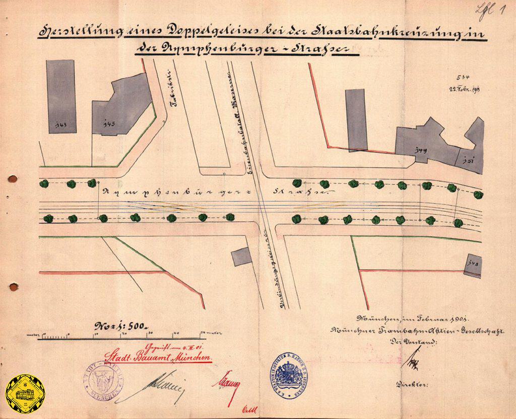 Im Februar 1901 wurde dann mit der Elektrifizierung der Strecke aus der Stadt nach Nymphenburg und Neuhausen auch der unbenutzte Bahnübergang zweigleisig und verschwand dann auch bald.