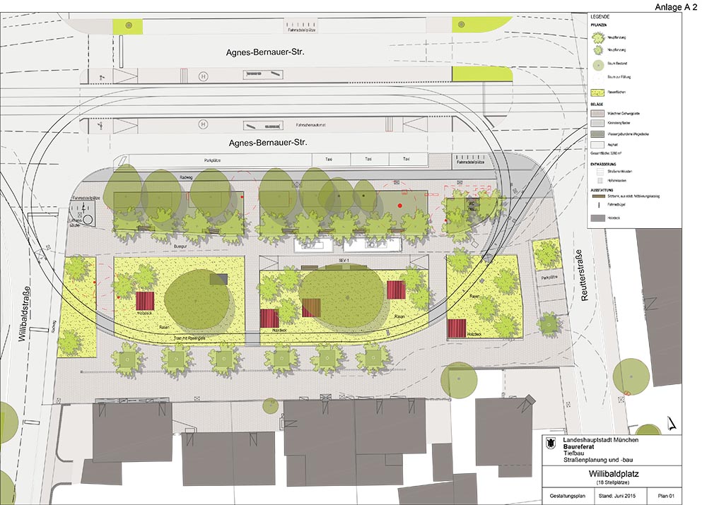 Umbaupläne 2015 für den Willibaldplatz: er soll grüner werden! Außerdem wurden 2019 alle Schienen und Weichen neu gemacht. 