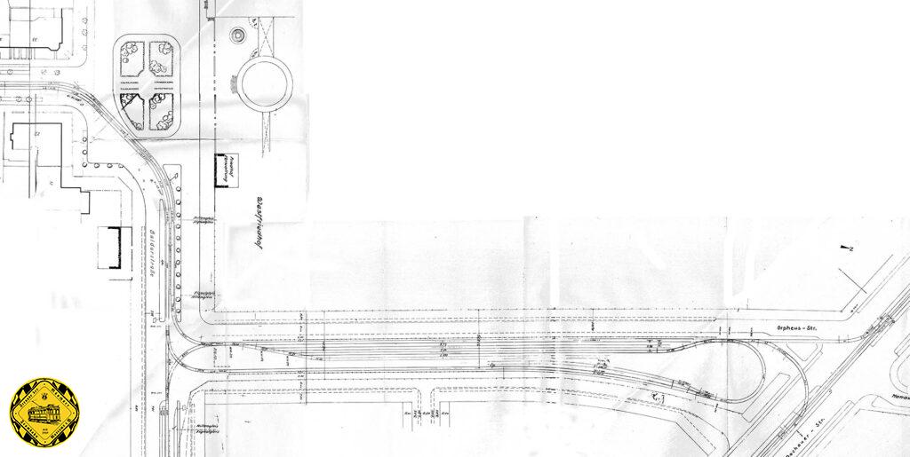 Der Gleisplan des Westfriedhofs nach dem Krieg: ein Abstellgleis ist bereits stillgelegt. Herzstück der Anlage ist die Abstellanlage und die Wendeschleife, die praktisch die ganze Orpheusstraße zwischen der östlichen Friedhofsmauer und der Kleingärten belegt.