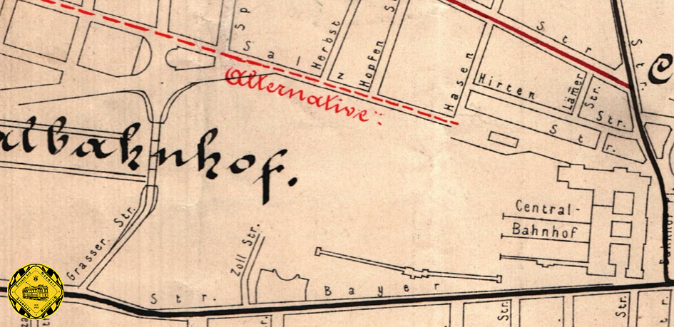 Abb. 3. Planskizze: Herbststraßenbrücke und Bahnhöfe ~1870, gestrichelt: Herbststr.