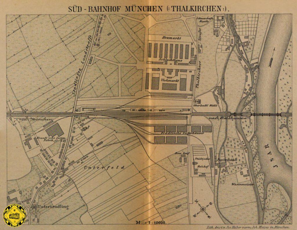 Unser ältester Plan der Kreuzung der Thalkirchnerstraße mit der königlich Bayerischen Staatsbahn kommt aus dem Jahr 1876 und zeigt die damalige Ausdehnung der Stadt und den zweigleisigen Bahnübergang der Thalkirchnerstraße.