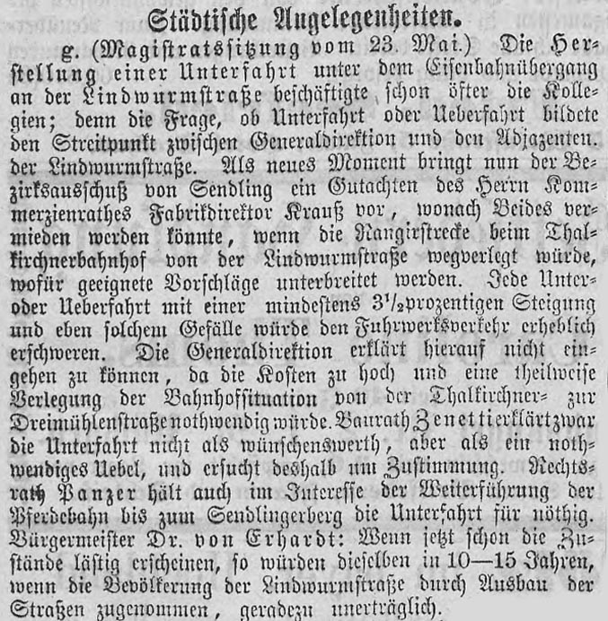 Zeitungsartikel zu den Forderungen von Krauss vom 25.Mai 1882.