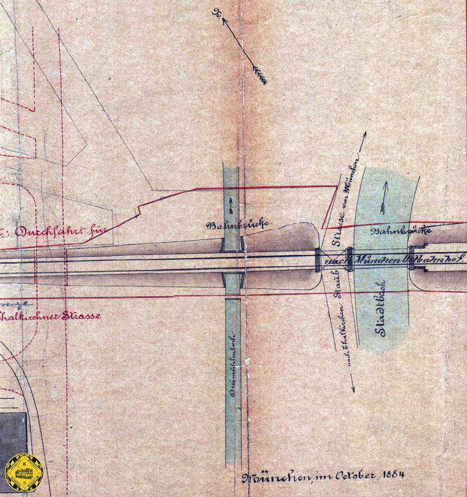 Die Karte vom Oktober 1884 zeigt die Simbacher Bahnstrecke mit den Brücken über den Dreimühlenbach, die Staubstraße und den großen Stadtbach.