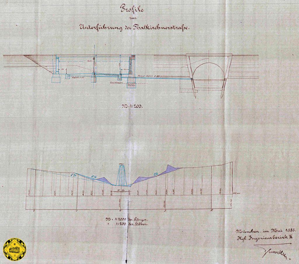 Das Stadtbauamt legte im Mai 1888 erste Pläne zu einer Unterführung an der Thalkirchnerstraße vor. Dabei orientierte man sich an der vor 5 Jahren gebauten Unterführung der Lindwurmstraße und den damaligen zwei Varianten der Brückenbautechnik: der Bau aus Steinen und der einer Eisenbrücke. 