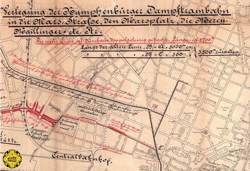 Die Münchner Dampftrambahn fuhr ursprünglich vom Stiglmaierplatz über die Nymphenburgerstraße weiter bis zum heutigen Romanplatz zum Volksgarten. Allerdings war diese Streckenführung nicht unumstritten, denn die Nymphenburgerstraße war einerseits der Weg des Hofstaats und Monarchen von der Residenz zum Schloss Nymphenburg und zum anderen wollte man die dampfenden und fauchenden Dampftrambahn Loks nicht in dieser vornehmen Straße sehen. So begannen bereits am 31.Oktober 1889 Planungen für eine alternative Streckenführung weitab der Nymphenburgerstraße. Zunächst wurde die Marsstraße ausgesucht, die allerdings eine etwas verwinkelte Streckenführung bedeutet hätte und einen neuen Bahnübergang mit der Landshuter Staatsbahn-Linie neben der Nymphenburgerstraße.
