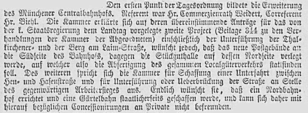 Der Bericht vom 15.Februar 1890 aus den "Münchner Neuesten Nachrichten" zeigt die verschiedenen Sichtweisen auf die Neugestaltung des Centralbahnhofs und seiner Bauwerke, die dazu nötig sind.