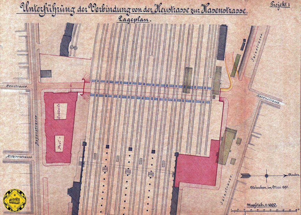 Projekt I
Die folgenden Planzeichnungen stammen aus dem Mai 1890. Das Projekt I berücksichtigte den Neubau des Postgebäudes an der Bayerstraße und die Verlegung des an dieser Stelle noch betriebenen Güterbahnhofs.
Dieses Projekt basiert auf eine Stahlkonstruktion mit Säulenstützen. Dazwischen sind Oberlichte eingebaut, die zumindest am Tag die Unterführung erhellen. Hier wird der Fuhrwerksverkehr vom Fußgänger- und Radfahrer-Verkehr getrennt. Da spart eine durchgehende Höhe des Unterführungsbauwerks. Die Fahrbahnbreite wird mit 9m, die für Fußgänger mit 5m geplant. Die Höhe der Unterführung hätte 4