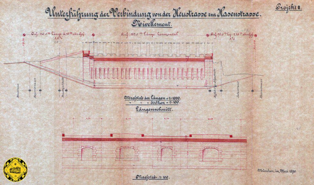 Projekt II
Dieses Projekt setzt auf eine Gewölbekonstruktion aus Stein & Beton. Ähnliche Pläne gab es schon für die Laimer Unterführung, die anlässlich der Neugestaltung des Centralbahnhofs ebenfalls auf der Erstellungsliste stand und der Bahn-Unterführung bei Berg-am-Laim, die heute noch so existiert. Hier hätte die Fahrbahn 7,5m und die Fußgänger 2,5m. Die Höhe sollte 4,4m betragen.