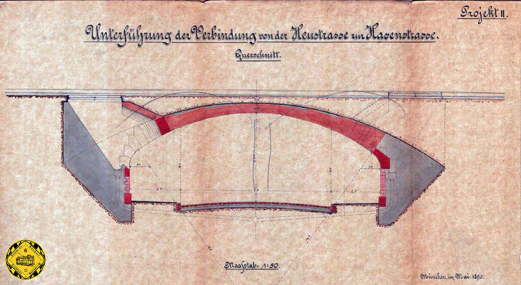 Projekt II
Dieses Projekt setzt auf eine Gewölbekonstruktion aus Stein & Beton. Ähnliche Pläne gab es schon für die Laimer Unterführung, die anlässlich der Neugestaltung des Centralbahnhofs ebenfalls auf der Erstellungsliste stand und der Bahn-Unterführung bei Berg-am-Laim, die heute noch so existiert. Hier hätte die Fahrbahn 7,5m und die Fußgänger 2,5m. Die Höhe sollte 4,4m betragen.