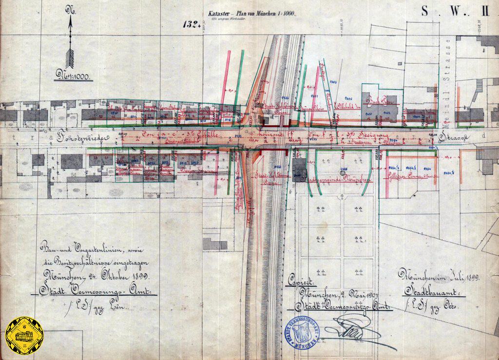 Die ersten Planungen zu dieser Unterführung findet man im Juli 1899 in den aktuellen katasterplan eingetragen, - so beginnen die meisten Planungen. Hier kann man genau erkennen, welche Grundstücke von Veränderungen betroffen sind, seien es Grundstücksgrenzen, Abtretungen, hier auch Stützmauern und Zaunverlegungen.