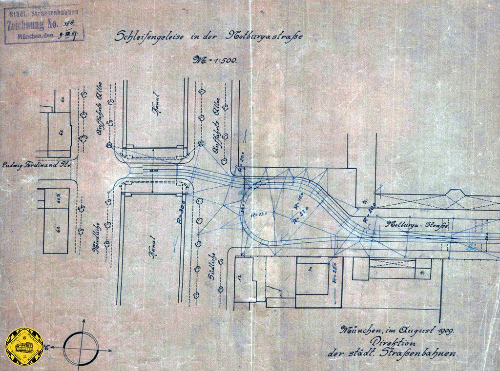 Im Jahr 1909 wurde immer mehr stumpf endende Trambahnstrecken mit Schleifen ausgebaut, um einen beschleunigten Ablauf der Triebwagen mit Beiwagen zu ermöglichen.