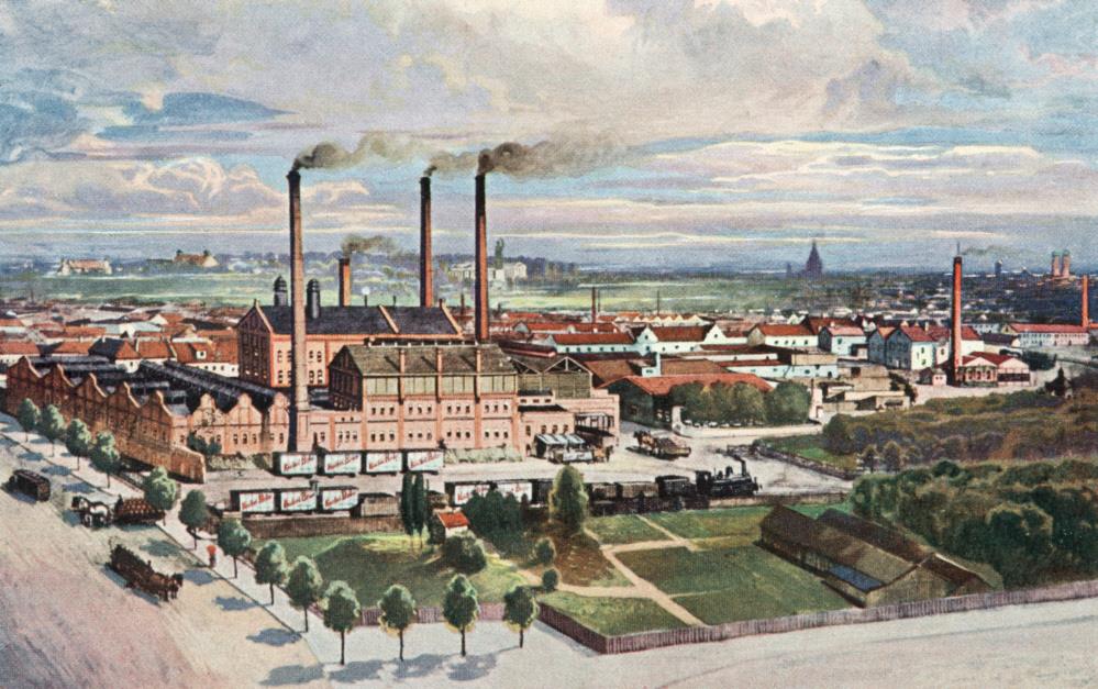 Das Bild von 1912 zeigt links die heutige Aberlestraße, die Brauerei und den Bahnbetrieb auf dem Gelände.