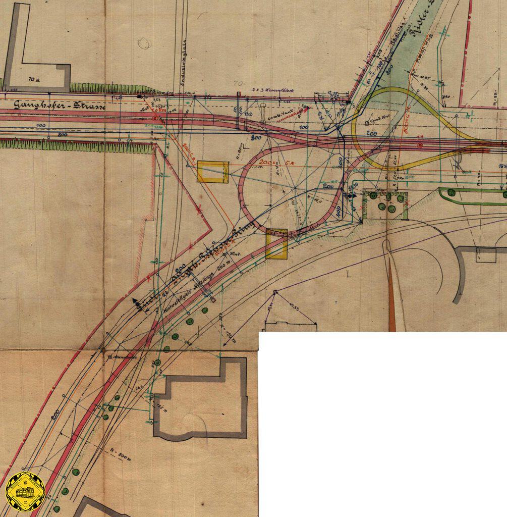 Im Gleisplan vom November 1918, der bei der Planung der Linie 22 gezeichnet wurde, kann man sehr gut das Industriegleis sehen auf seinem Weg ins Ausstellungsgelände.