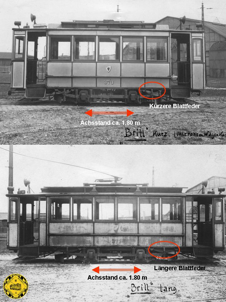 Die Münchner Trambahnwagen vom Typ Z 1.22, Z 2.22 und Z 3. - erhielten 1905 - 1906 neue Brill-Fahrgestelle, da die ursprünglichen Union Fahrgestelle nicht befriedigten. Typisch für die Bill Fahrgestelle war die doppelte Abfederung des Wagenkastens gegen das Fahrgestell sowohl mit Spiralfedern und dazu parallel mit je Seite 2 Blattfedern. Da die bisher üblichen Spiralfedern zwar eine weiche Federung aber keine Dämpfung bewirkten, neigten die Wagen mit den alten Fahrgestellen mit dem kurzem Achsstand zum starken Nicken. Durch die Dämpfungseigen-schaften der Blattfedern bei den Brillfahrgestellen wurde bei gleich kurzem Achsstand (notwendig zum Befahren der engen Kurven) das Nicken bei schnellerer Fahrt deutlich reduziert. Daher sind diese alten Brillfahrwerke noch heute bei vielen Museumswagen weltweit im Einsatz.