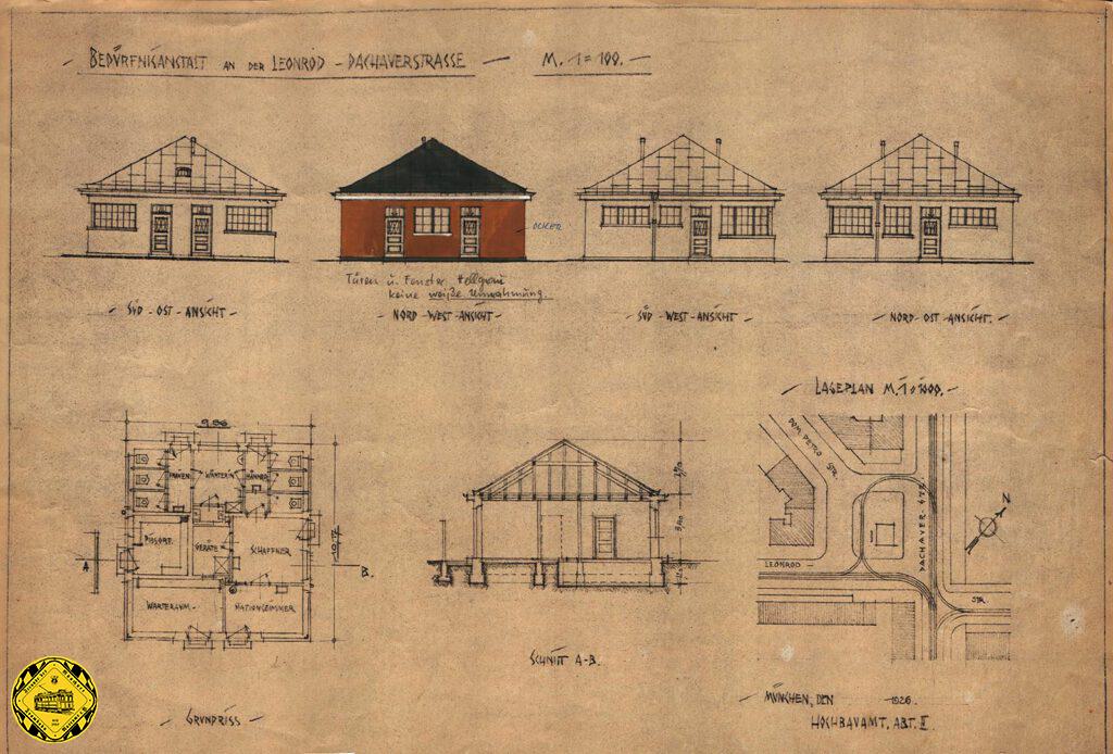 Nicht oft konnten wir aus den Tiefen der Archive einen so schönen Bauplan für dieses Stationshaus mit Kiosk, Wartehalle und Toiletten ausgraben. Der Entwurf der beiden Architekten Meitinger und Beblo gefiel den Stadtoberen sogar so gut, dass ein identischer Bau für die Schleife an der Hofmannstraße vorgesehen war, dann aber als zu üppig wieder verworfen wurde.