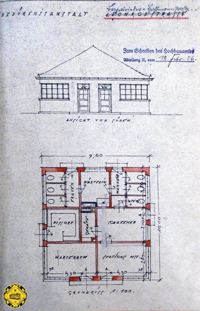 1928 begann eine sehr umfangreich dokumentierte Diskussion, wo und welche Wartehallen und Toilettenanlagen errichtet werden sollen. Eine Toilettenanlage an der Wolfratshauserstraße wurde bald verworfen zu Gunsten eine Anlage an der Hofmannstraße. Aus Spargründen gab es den Vorschlag, die Planung für ein Stationshaus am Leonrodplatz 1:1 zu übernehmen.
Das war es dann auch schon: keiner dieser Plane von 1928 wurde übernommen oder umgesetzt, alleine der Plan mit dem Standort der Wartehalle wurde umgesetzt.
