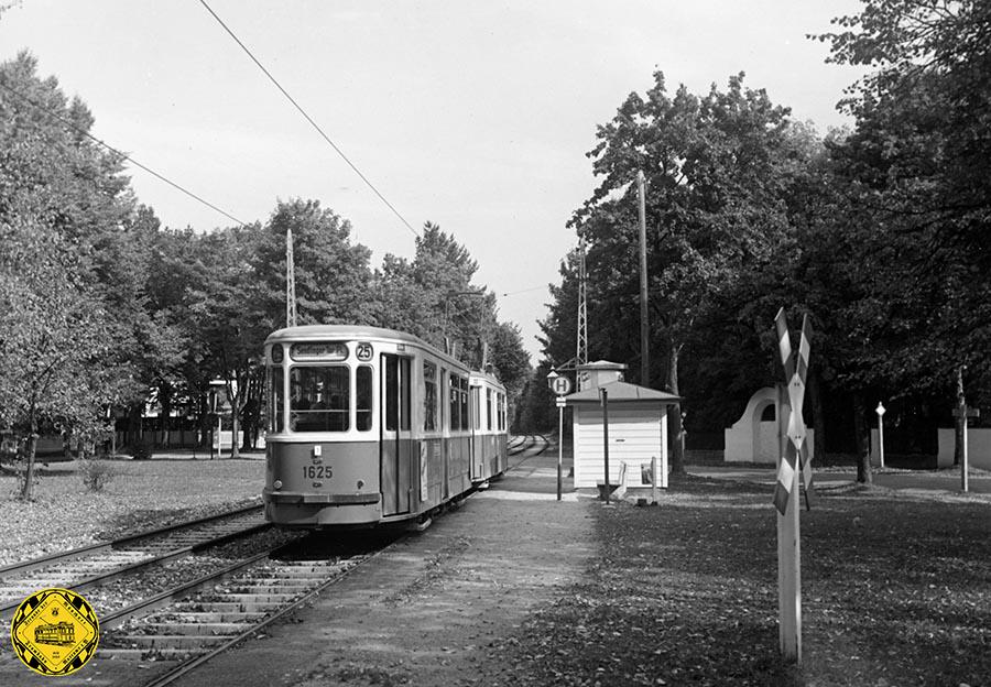 Der 25 von hinten: m3-Bw 1625 + Tw an der Haltestelle Robert-Koch-Straße einwärts im August 1959
