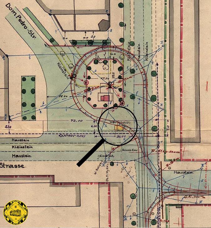 Der Plan zum Bau der ersten Schleife am Leonrodplatz 1917: gut sichtbar der Standort des alten Wartehäuschen vor uns nach der Schleifenkonstruktion. In die spätere Schwere-Reiter-Straße geht ein 200 Meter langes Hinterstellgleis.