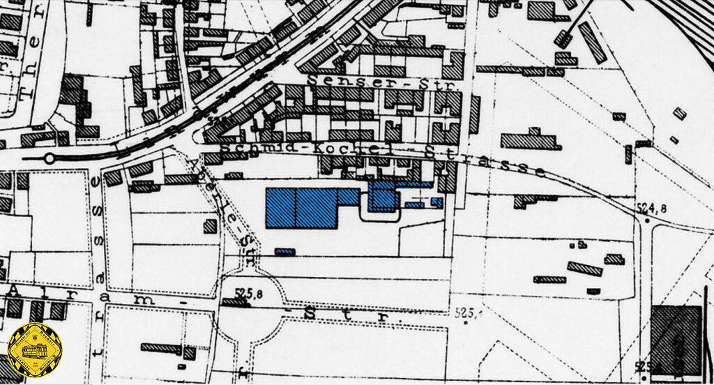Dieser Plan von 1891 zeigt die Lage der Brauereigebäude. An der Schmied-Kochel-Straße lagen die Gaststätten der Brauerei. Sie führte nach Osten zur Gotzingerstraße, die damals bis hier verlief. Die Implerstraße gab es noch nicht.